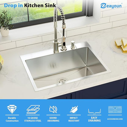 24 Inch Drop in Kitchen Sink 24x18 Drop in Kitchen Sink 16 Gague Topmount Stainless Steel Single Bowl Handmade Sinks Large Deep Basin 24"x18"x9"