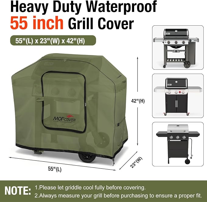 Exclusive Foldable 55 inch Grill Cover, 600D Heavy Duty Outdoor BBQ Cover for 3-4 Burners Grill, Waterproof Fade Resistant Barbecue Cover, Green