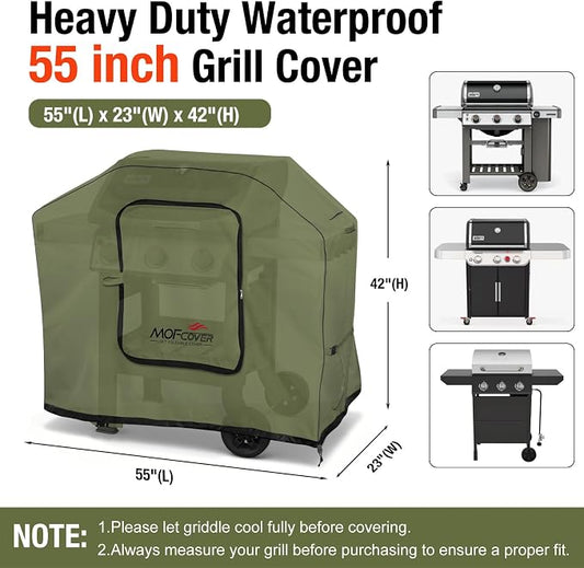 Exclusive Foldable 55 inch Grill Cover, 600D Heavy Duty Outdoor BBQ Cover for 3-4 Burners Grill, Waterproof Fade Resistant Barbecue Cover, Green