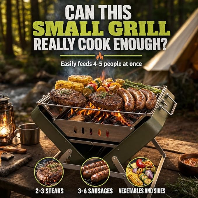Ranger Plus Portable Charcoal Grill – Folding BBQ with Large Grilling Grate for Camping, Tailgating & Backyard | Serves 4–5, Full‑Grate Cooking Coverage, 304 Stainless Steel, 3‑Second Setup