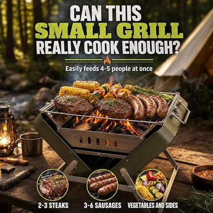 Ranger Plus Portable Charcoal Grill – Folding BBQ with Large Grilling Grate for Camping, Tailgating & Backyard | Serves 4–5, Full‑Grate Cooking Coverage, 304 Stainless Steel, 3‑Second Setup