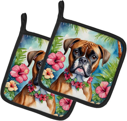 Caroline's Treasures Boxer Luau Pair of Pot Holders Kitchen Heat Resistant Pot Holders Sets Oven Hot Pads for Cooking Baking BBQ, 7 1/2 x 7 1/2
