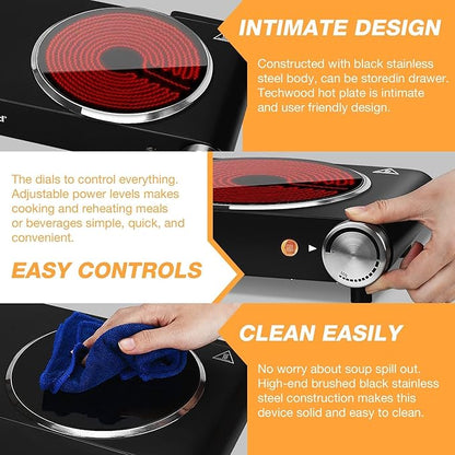 Hot Plate, Techwood Single Burner for Cooking, 1200W Portable Infrared Ceramic Electric Stove with Adjustable Temperature, 7.1” Cooktop for Home/RV/Camp, Compatible for All Cookwares, Black