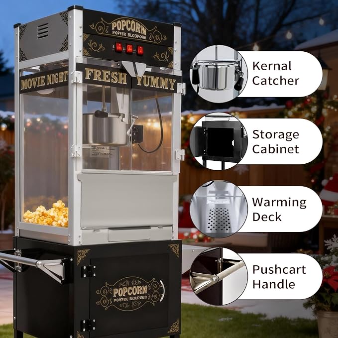 20 Oz Popcorn Machine with Cart, Vintage Movie Theater Style Pop Corn Popper with 16" Bicycle-Style Wheels & a Cabinet for Home Theater, Parties, Events, Black