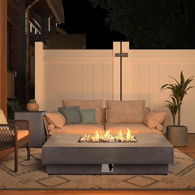 60-inch Outdoor Propane Fire Pit Coffee Table with Tank Cover, 50,000 BTU Concrete Rectangle Modern Outside Fire Table, Auto-Ignition, Included Lava Rocks, Metal Lid & Waterproof Cover