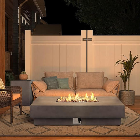 60-inch Outdoor Propane Fire Pit Coffee Table with Tank Cover, 50,000 BTU Concrete Rectangle Modern Outside Fire Table, Auto-Ignition, Included Lava Rocks, Metal Lid & Waterproof Cover