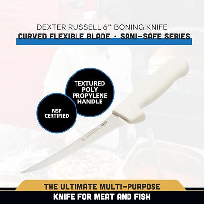 Dexter Russell 1483 Boning Knife, 6" Flexible Curved High Carbon Stain-Free Steel Blade, Textured Non-Slip White Polypropylene Handle, Professional Butcher and Fillet Knife, Made in USA, NSF Certified