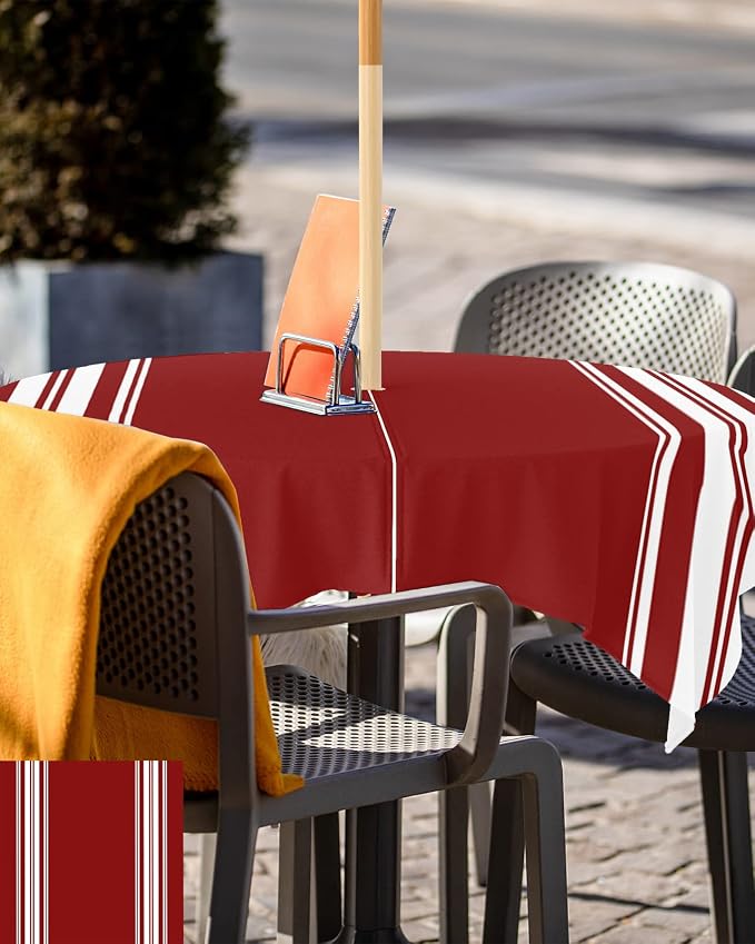 QueenKer Outdoor Tablecloth with Umbrella Hole, Farmhouse Wine Red White Stripe Square Tables Waterproof Tabletop Collection for Patio, Garden, Picnic, Camping, Dining 54 x 54 inch