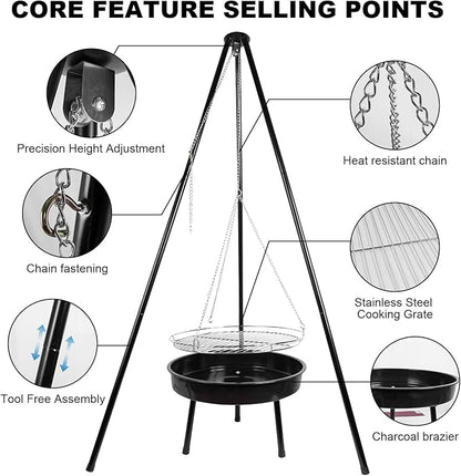 campfire grill, campfire tripod with a barbecue basin, suitable for outdoor travel and gatherings (chain)