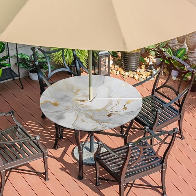 Fitted Round Tablecloth with Umbrella Hole and Zipper Marble Liquid Texture Outdoor Elastic Table Cloth 45"-56" Oil-Proof Waterproof White Gold Marble Patio Table Cover for Party Outdoor