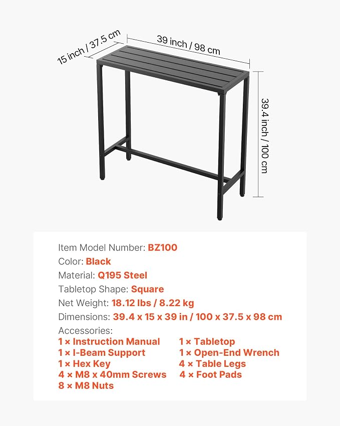 VEVOR Outdoor Bar Table, 39.4 x 15 in Patio Bar Table, Waterproof Top & Sturdy Metal Frame, Rectangle Counter Height Dining Tables, Outdoor Furniture for Balcony, Yard, Hot Tub, Poolside, Indoor | Waterproof Top, Sturdy Metal Frame, Counter Height Dini...