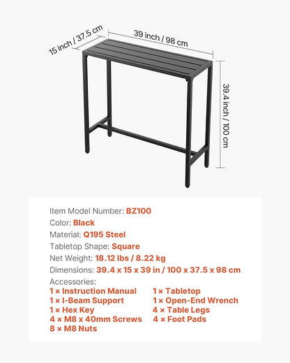 VEVOR Outdoor Bar Table, 39.4 x 15 in Patio Bar Table, Waterproof Top & Sturdy Metal Frame, Rectangle Counter Height Dining Tables, Outdoor Furniture for Balcony, Yard, Hot Tub, Poolside, Indoor | Waterproof Top, Sturdy Metal Frame, Counter Height Dini...