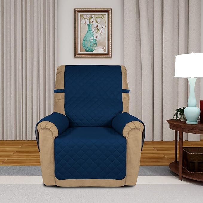 PureFit Reversible Quilted Oversized Recliner Sofa Cover, Water Resistant Furniture Protector, Washable Couch Cover with Elastic Straps for Kids, Pets (Small, Navy/Navy) | Navy/Navy, Water Resistant Couch Protector, Washable Pet Couch Cover with Non Sl...