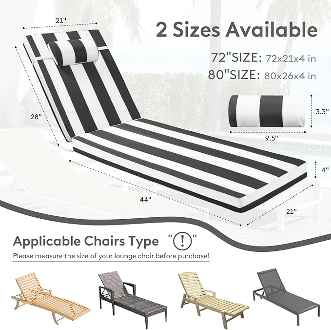 Chaise Lounge Cushion for Outdoor Furniture, Waterproof, Fade-Resistant and Tear Resistant, Patio Lounger Pads with Removable Cover for Pool, Deck, Lawn, 72x21x4 Inch, Black & White Stripe