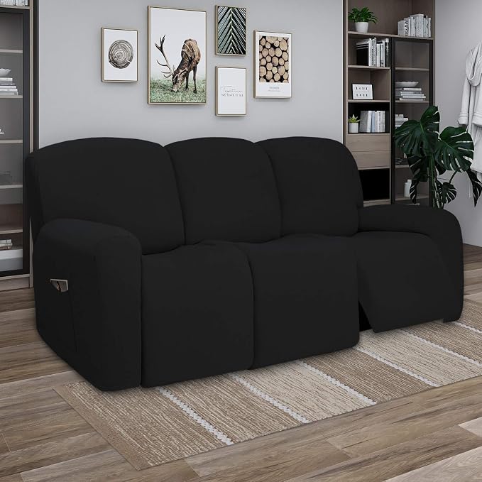 PureFit Super Stretch 3 Seats Recliner Sofa Couch Cover with Pocket | Non Slip Soft Sofa Slipcover, Washable Spandex Reclining Furniture Protector for Kids, Pets (Recliner Sofa, Black)