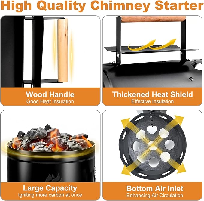 WILLBBQ Charcoal Chimney Starter Great for Fireplace, BBQ, Fire Pits, Barbecues, Chimineas, Campfires, Pizza Ovens - Zinc Steel BBQ Kit, 20 Starters, Heat Resistant Gloves Blower (Black)
