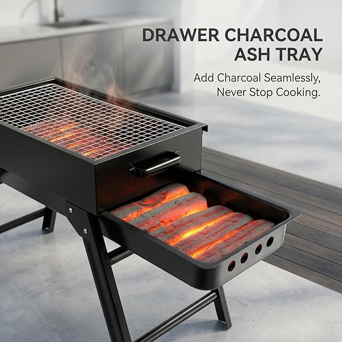 Slot Grill Collapsible Charcoal Grill with Exclusive Drawer for Easy Ash & Charcoal Add Foldable BBQ Grills for Camping Backyard Picnic..