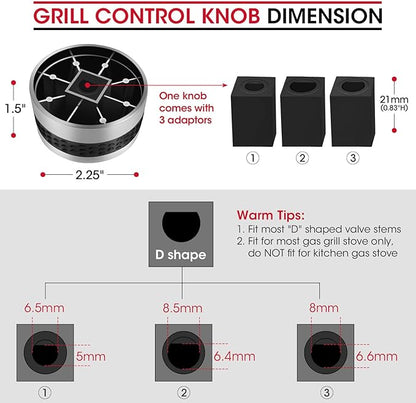 Unicook Grill Control Knob 4 Pack, Gas Burner Replacement, Chrome Plated Plastic with Nonslip Grip, Fits BBQ Gas Grills with D Shaped Valve Stem, Including 4 Knobs and 12 Adaptors