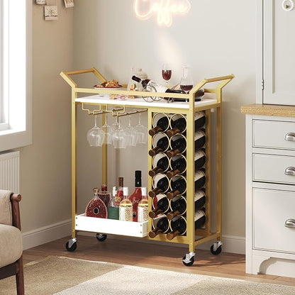 MAHANCRIS Gold Bar Cart, Bar Cart for Home, 2-Tier Wine Rack, Wine Cart with Wheels, Drink Cart with Glass Holder, Serving Cart for Kitchen, Gold and White RCJW18101
