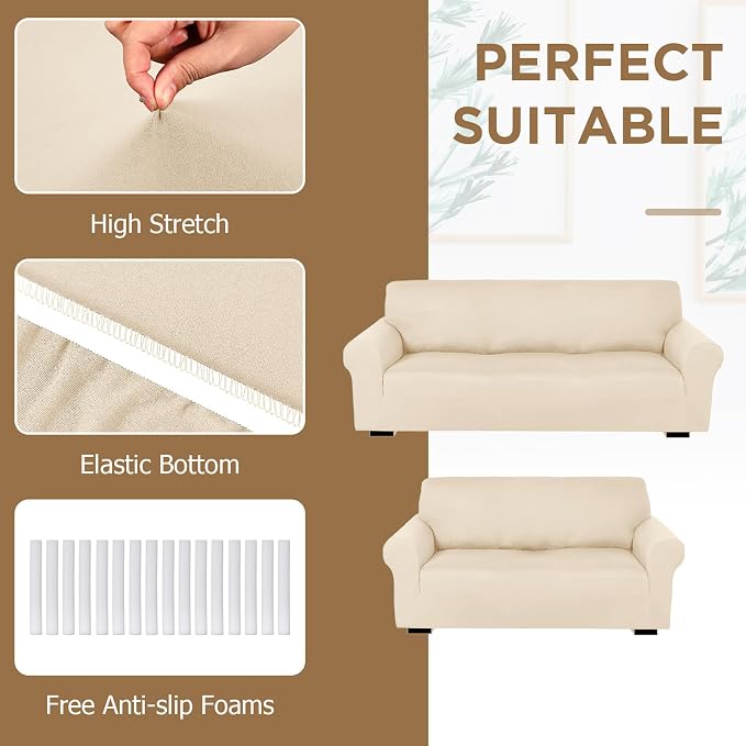 Peryiter 2 Pcs Couch and Loveseat Sofa Covers,Cream,Milk Silk | Armchair Covers for Living Room, Sofa Cushion Slipcover 2/3 Seater, Furniture Protector, Polyester and Spandex, Washable