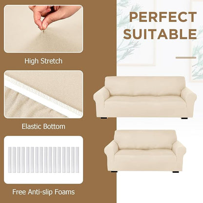 Peryiter 2 Pcs Couch and Loveseat Sofa Covers,Cream,Milk Silk | Armchair Covers for Living Room, Sofa Cushion Slipcover 2/3 Seater, Furniture Protector, Polyester and Spandex, Washable