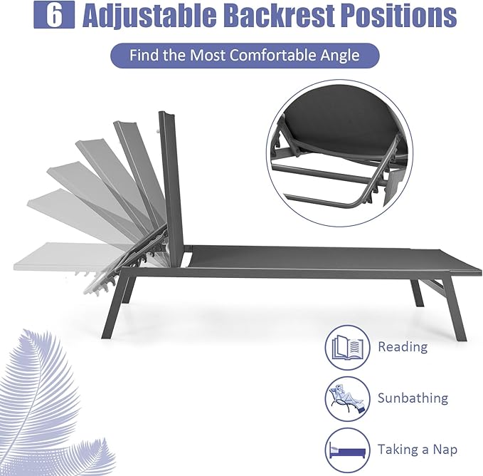 Tangkula Outdoor Chaise Lounge Chair, 6-Position Adjustable Reclining Chair with Breathable Fabric and Heavy Duty Steel Frame, Patio Lounge Chair for Garden, Backyard and Poolside (1, Gray)