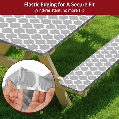 6ft 72in Picnic Table and Bench Cover, 3 Pack, Gray-White Moroccan | Drawstring Bag, Waterproof Windproof, Elastic Fitted Edges Tablecloth, for Rectangle Table & Seat, Camping Essentials RV Gear