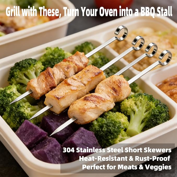 30PCS Kabob Skewers Flat Metal BBQ Barbecue Skewer 7" short Stainless Steel Shish Kebob Sticks Wide Reusable Grilling Skewers Set for Meat Shrimp Vegetable, Set of 30 with box (8inch 30PCS)