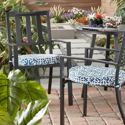 Set of 2 Outdoor 18 inch Round Patio Dining Chair Pads – Comfortable Fiber-Filled Seat Cushions with Ties, Reversible Polyester Fabric - Indigo Blue Lattice