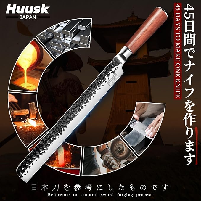 Huusk Japanese Carving Knife - 11" Brisket Slicing Knife for Meat Cutting Made by High Carbon Steel, Hand Forged Ultra Sharp BBQ Knives for Meat Grilling Roast, Gift Idea for Men Dad Smoker