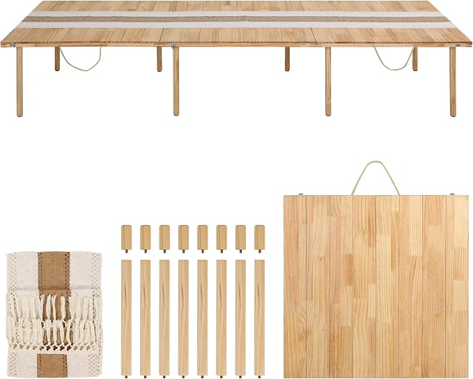 90" x 30" Boho Low Picnic Table, Foldable Solid Wood Construction | Beach Table with Tablecloth & Adjustable Legs, Indoor & Outdoor Use for Beach, Camping, BBQ, Wedding & Warm Family Gatherings