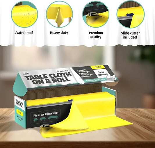 Tablecloth Roll – 54" X 110' Yellow Premium Plastic Table Cloths with Cutter Box - Cut to Size - Decorative Rectangle Table Cover Smooth Tablecloth - Disposable Table Cloths for Parties, Weddings.