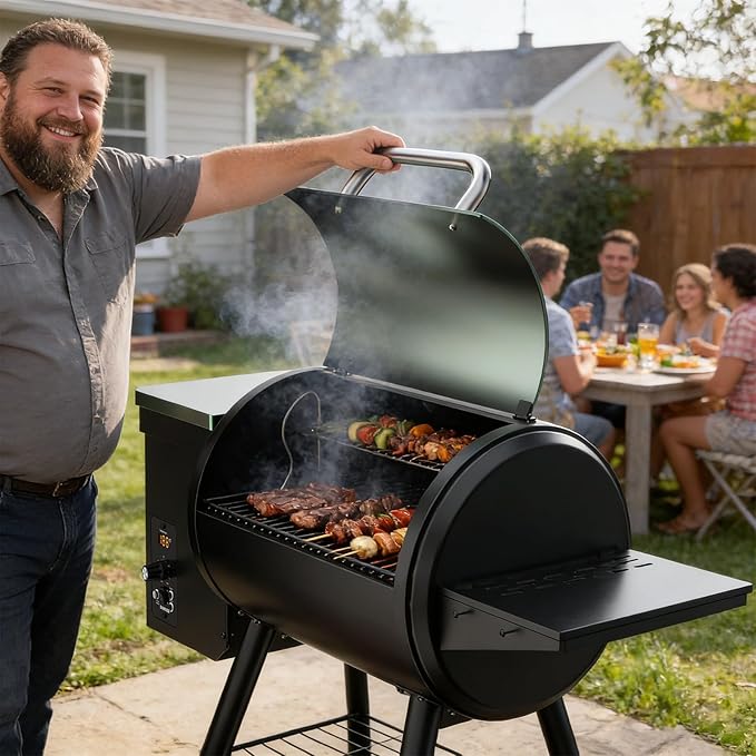 Electric Pellet Smoker Grill 565 SQ.IN Cook Area Pellet Smoker with Auto Feed & PID Controller 500°F Max Temperature 8 in 1 BBQ Grill with Meat Probe & Side Table with Hooks Perfect for Outdoor BBQ