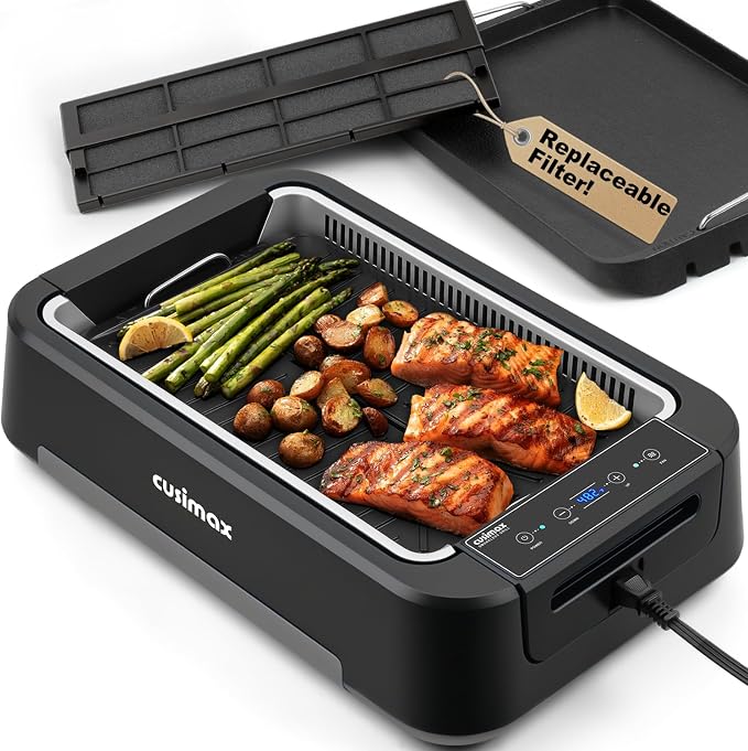 Indoor Grill, CUSIMAX Electric Smokeless Grill & Griddle, Black, 1500W | With REPLACEABLE Smoke Filter Sponge/Smart LED Display/Non Stick 2 in 1 Grill & Griddle Plates/Larger Grilling Area