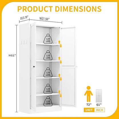 Metal Pantry Cabinet, Kitchen Pantry Storage Cabinets with 2 Door and 4 Adjustable Shelves, Utility Metal Storage Cabinet for Home, Living Room, Pantry (White)