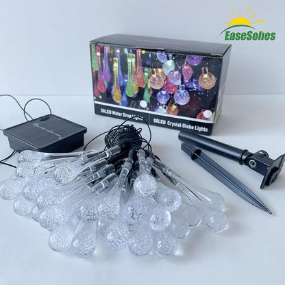 Solar Lights, Outdoor 21FT 30 LED Multicolor Water Drop Fairy Lights | Waterproof solar water fairy string lights with 8 modes auto on/off, decor for garden, patio, yard, tree, wedding