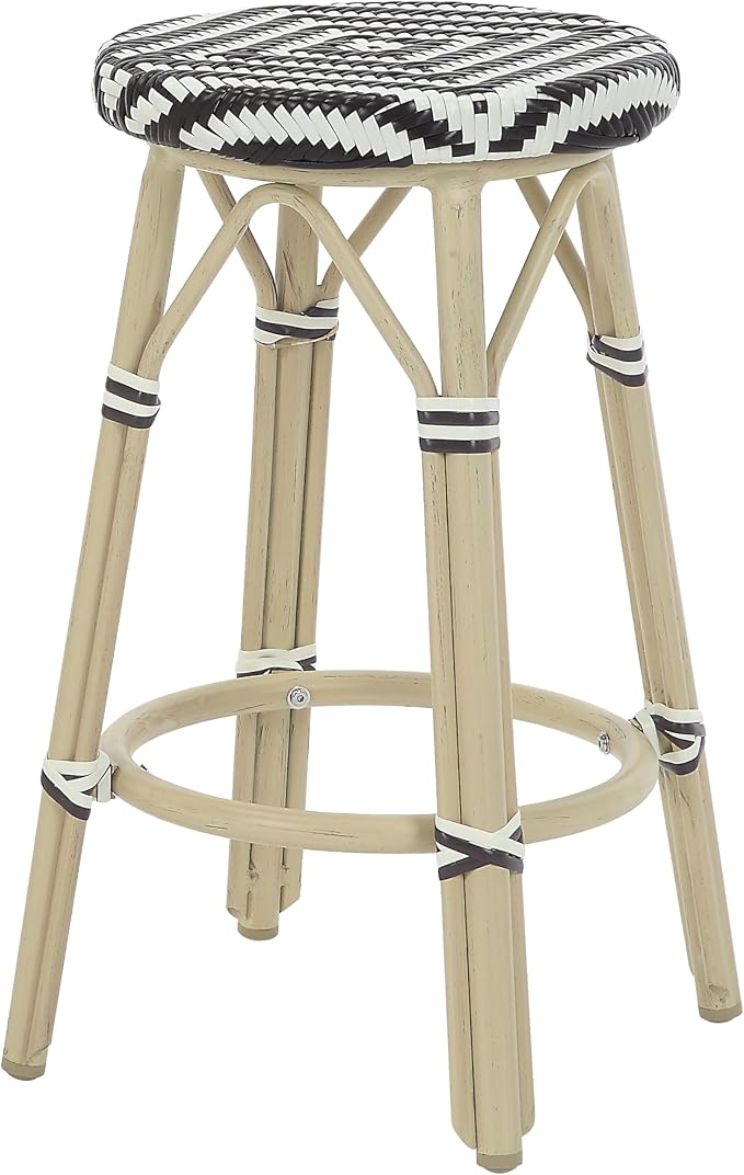 Seadrift Boho 26-inch Aluminum and All-Weather Wicker Barstools with Footrest, Patio Stools & Bar Chairs for Outdoor, Kitchen Counter, Poolside, Yard, Set of 2, Dark Brown and Beige