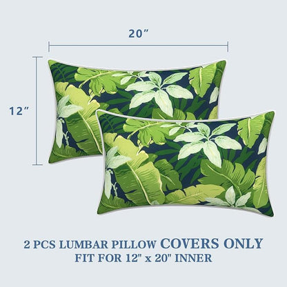 LVTXIII 2 Pack Outdoor Lumbar Pillow Covers 12x20 Inch with Piping, Water-Repellent Back Cushion Covers ONLY for Patio Furniture, Sofa, Garden Bench, Jungle Leaves