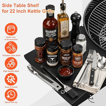 Upgraded Grill Table Shelf for Kettle Grills 22 Inch, Side Table Shelf Replaces Weber Master Touch & Original Charcoal Grill, Grill Accessories for Weber Kettle, Outdoor Steel BBQ Table Shelf