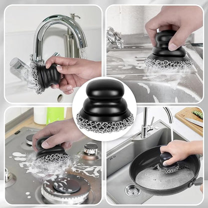 Cast Iron Scrubber (1Pack Black Coarse Mesh + 1Pack Black Fine Mesh) and and Scraper, Chain Mail Scrubber for Cleaning Stock Pots, Pans, Griddles, Grills, Cast Iron Skillets, Dish Scouring Pads