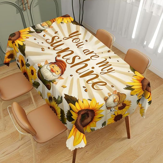 Sunflower Decorative Rectangle Tablecloth Cute Elf Gnomes You are My Sunshine Rectangle Polyester Table Cloths Kitchen Table Cover for Dining BBQ Picnic Coffee Table 52" x 70" 4-6 Seats
