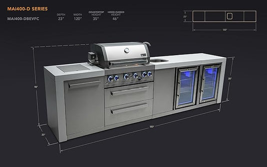 Mont Alpi Premium 120"W x 23"D Deluxe Stainless Steel Modular Outdoor Kitchen Island + 2 Refrigerators + Beverage Center Faucet & Sink + 32"W 4-Burner BBQ Grill + Granite Countertops + Storage + Cover