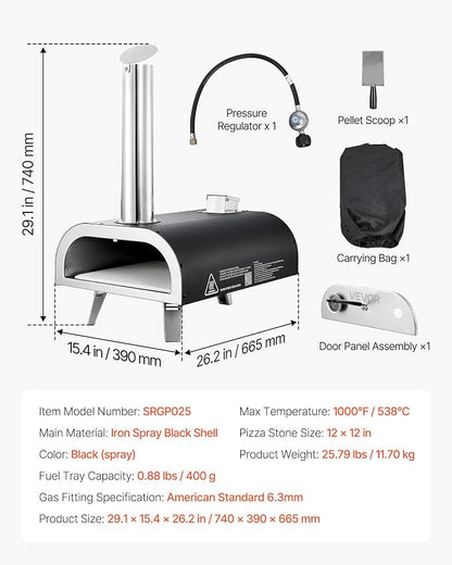 VEVOR Multi Fuel Pizza Oven Outdoor, 12 Inch Wood Fire & Propane Gas Pizza Oven, Pellet & Propane Pizza Maker with Thermometer, Pizza-Cook for Outside Kitchen Patio Camping & Backyard, Black