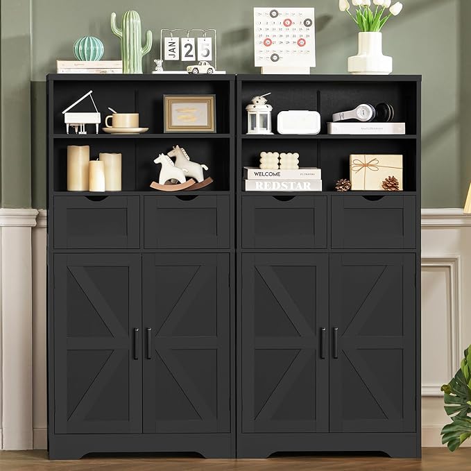 Storage Cabinet with Doors & 2 Drawers, Kitchen Cabinet with Adjustable Shelf, Pantry Cabinets, Bathroom Cabinets, for Living Room, Entryway, Home Office, Black