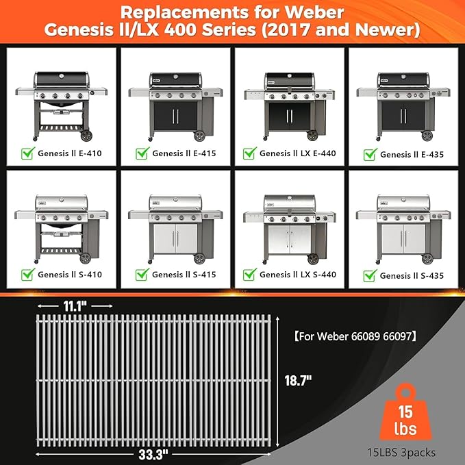 QuliMetal 66089 Grill Grates for Weber Genesis 2 E-410/E-415/E-435, Grill Parts for Weber GS4 Genesis II/LX E-440 Series Gas Grills, 18.7" SUS304 Stainless Steel Replacements for Weber 66089 66097