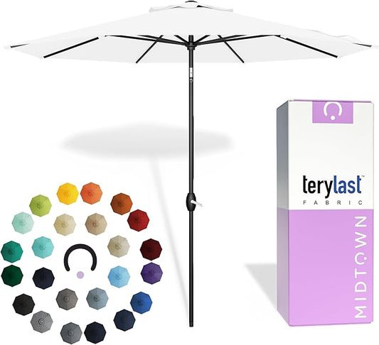 Midtown Umbrellas - 10-Year-No-Fade 9 Ft Patio Umbrella with Terylast Fabric, Auto-Tilt Aluminum Frame and 8 Reinforced Ribs for Deck, Pool, Garden & Beach - Ivory White Canopy, Black Pole