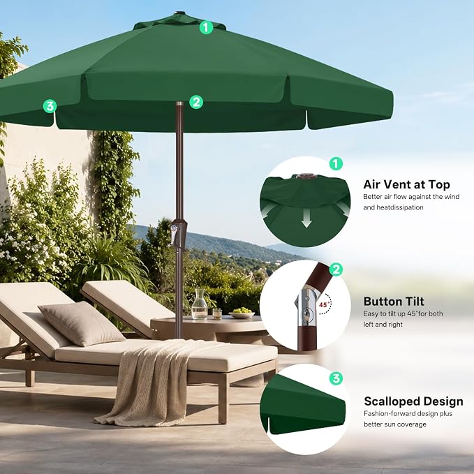 ABCCANOPY 7.5FT Scalloped Patio Umbrella Table Market Umbrella, Green | Durable 6 Sturdy Fiberglass Ribs, Push Button Tilt and Crank, UV Protection Waterproof Outdoor Umbrella, Valance Style