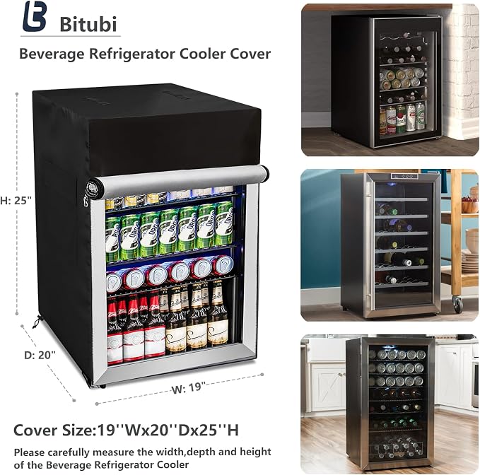 Bitubi Beverage Refrigerator Cooler Cover,Outdoor Fridge Cover – Waterproof, Dustproof, Sun-Proof, 19" W x 20" D x 25" H. Suitable for most Beer or Wine Mini Fridge/Drink Fridge (Black)