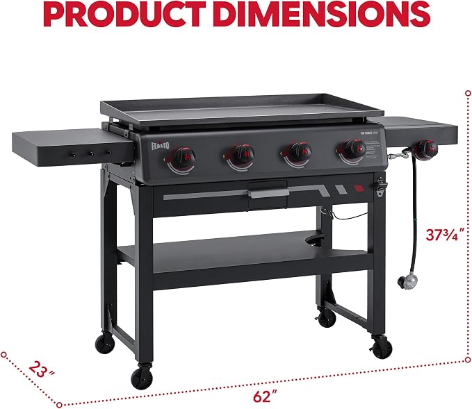 Feasto 36" 4-Burner Propane Griddle w/Side Burner, 63,000 BTU, 720 Sq.In. | Outdoor Flat Top Grill w/Grease Cup & Foldable Side Table, for Patio Backyard BBQ, Black