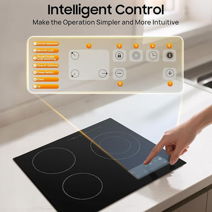 24 Inch Electric Stove, 3 Burners 2600W 110V Portable Ceramic Cooktop, Kitchen Counter Top Stove with Sensor Touch Control, 9 Heating Level, (No Plug)